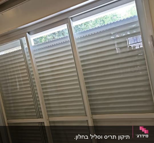 תריסים לבנים סגורים על חלון זכוכית גדול